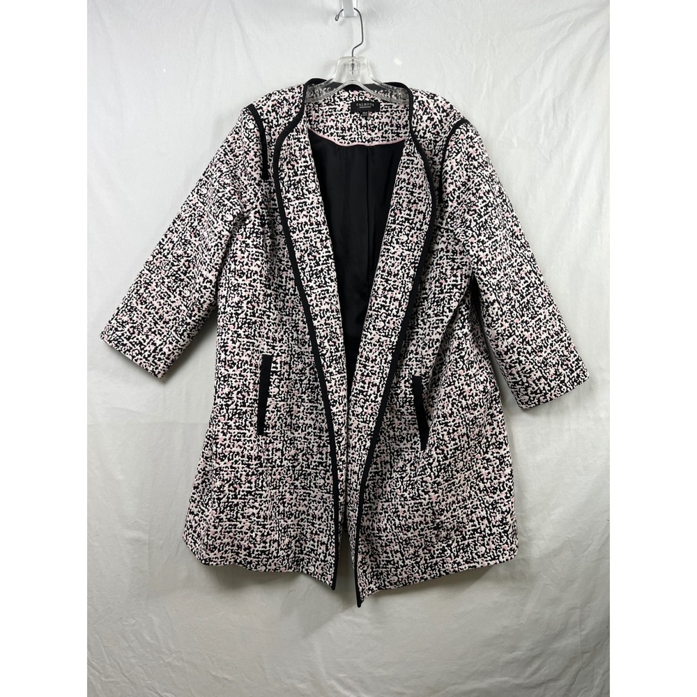 Talbots Topper Coat Women 20WP Pink Black Abstract Textured Open Front Trimmed